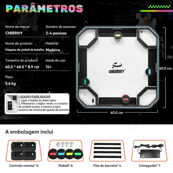 Dimensões e conteúdo da Arena de Pinball BattleZone