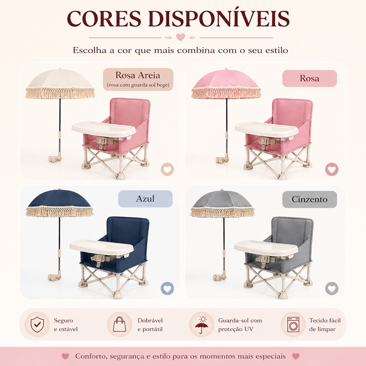 Kit cadeira de refeição portátil dobrável com guarda-sol infantil