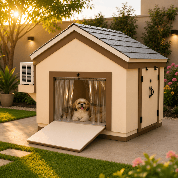 Casinha para cão com isolamento térmico e entrada para ar condicionado